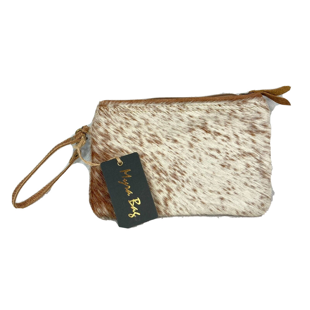 Myra Purse Bag Womens Brown White Fur Hair-on Zip Clutch Wristlet Small NEW